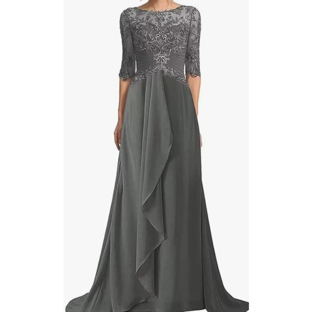 Embroidered Gray Maxi Dress with Sheer Three-Quarter Sleeves